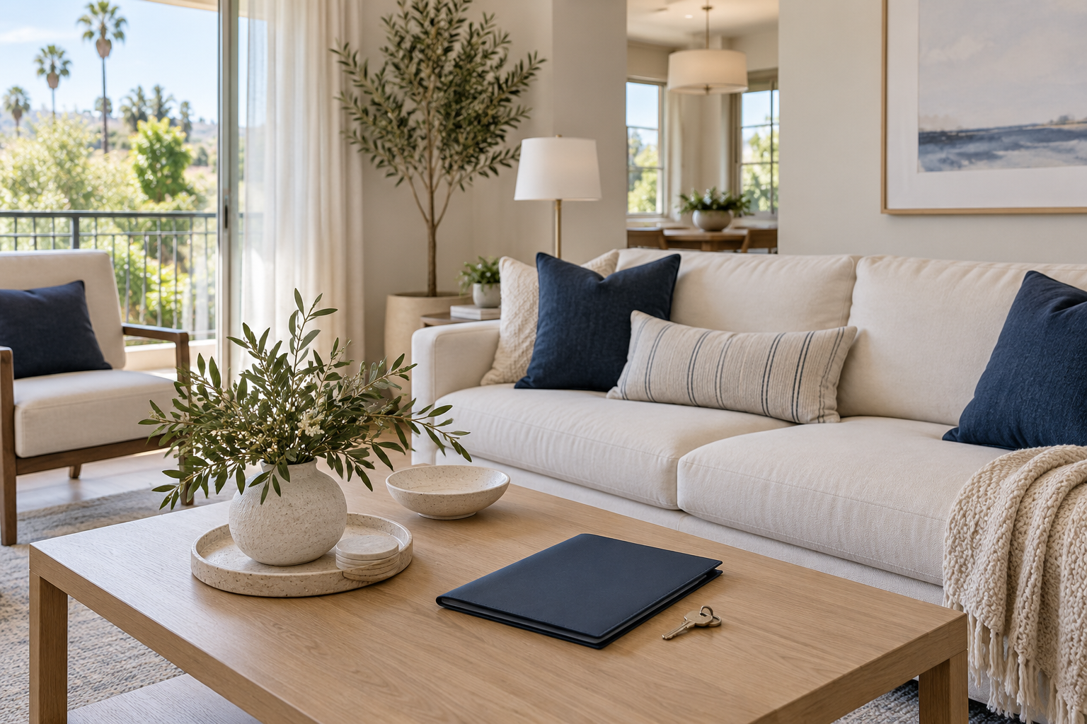 Illustrative private living room with a closed document folder and house keys